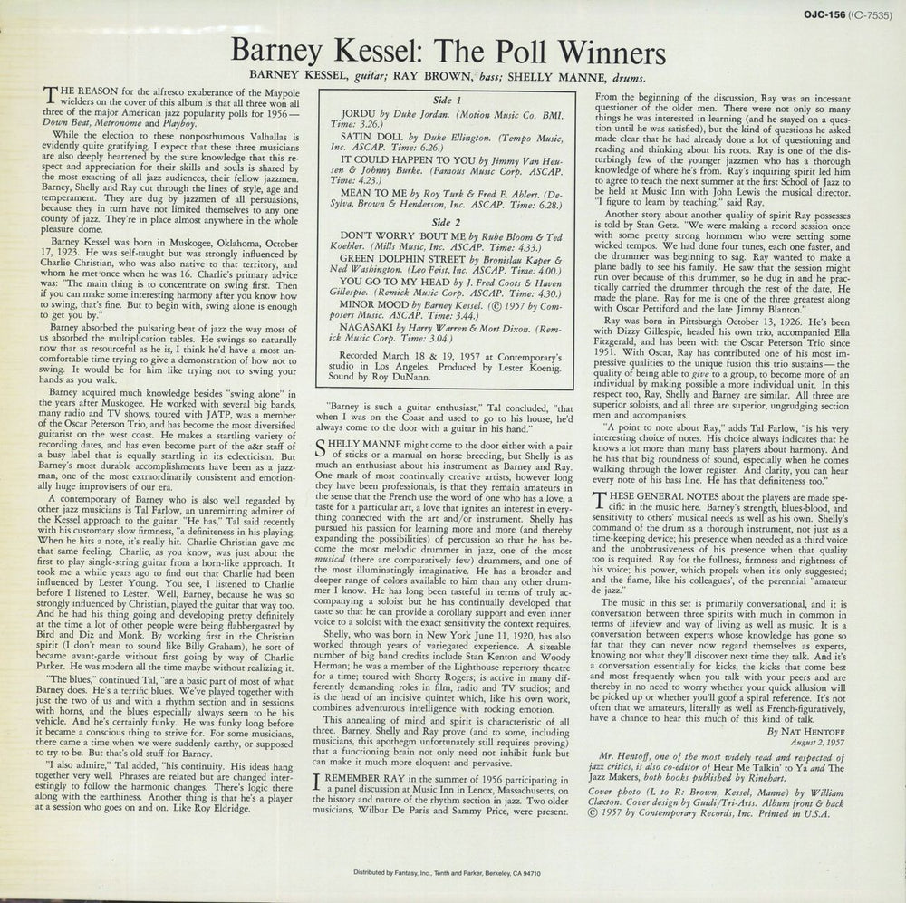 Barney Kessel The Poll Winners US vinyl LP album (LP record)