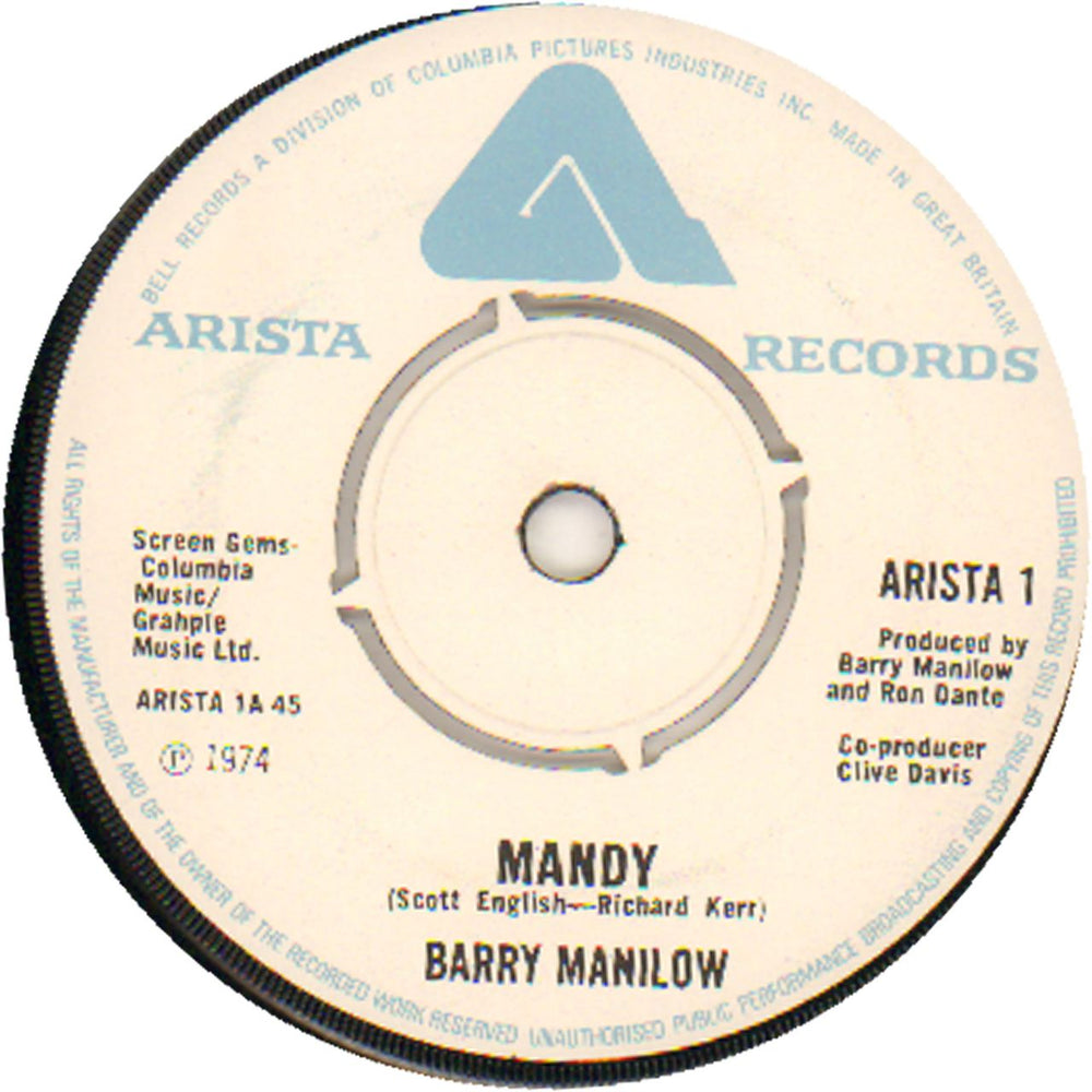 Barry Manilow Mandy UK 7" vinyl single (7 inch record / 45) ARISTA1