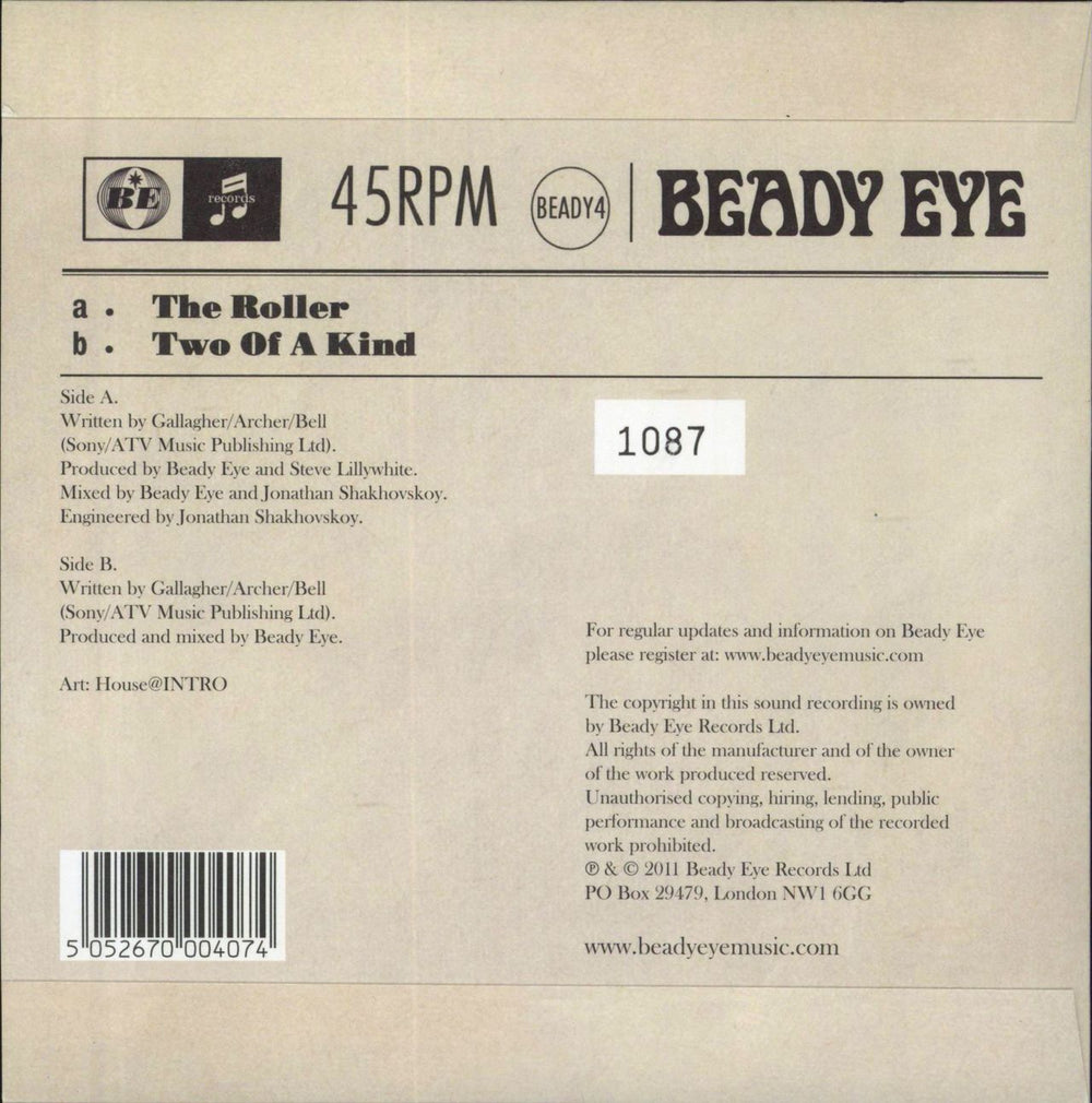 Beady Eye The Roller - Numbered UK 7" vinyl single (7 inch record / 45) 5052670004074