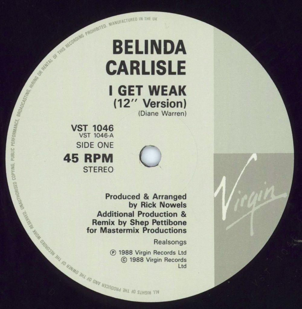 Belinda Carlisle I Get Weak + Poster UK 12" vinyl single (12 inch record / Maxi-single) CAR12IG06215