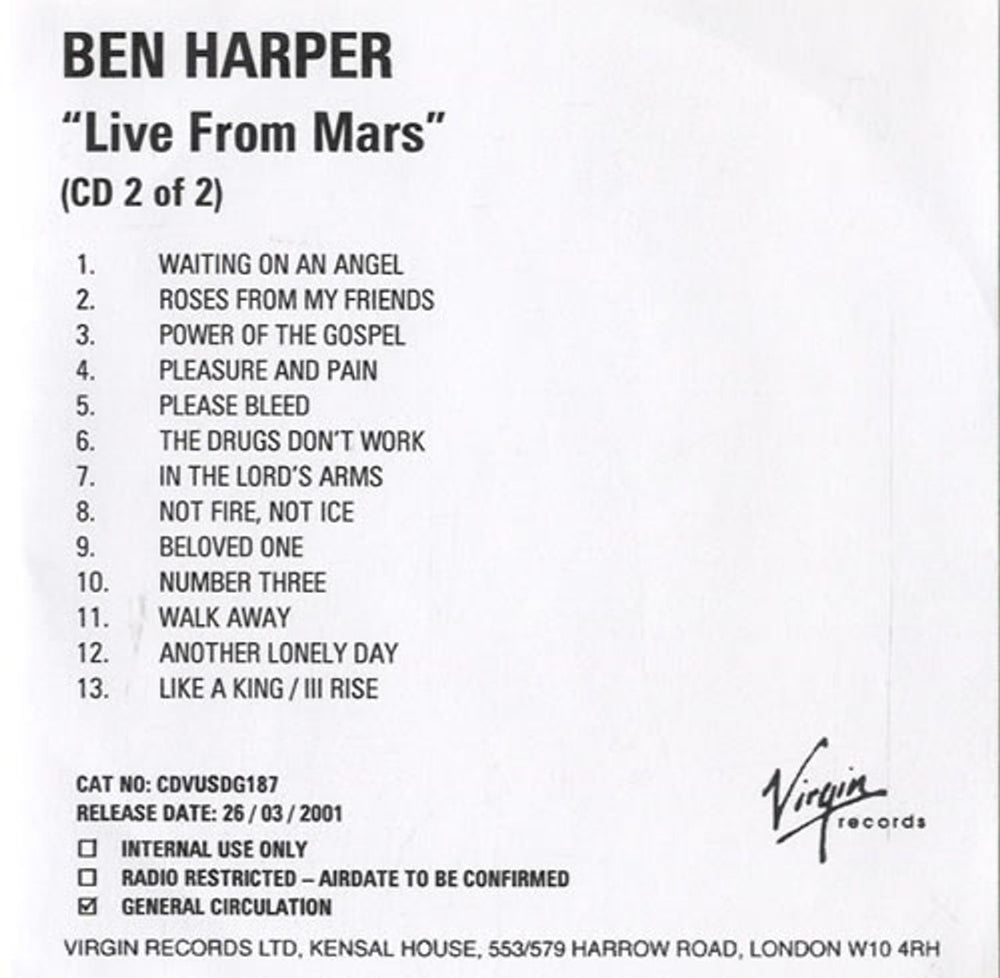 Ben Harper Live From Mars UK Promo CD-R acetate BHPCRLI182209