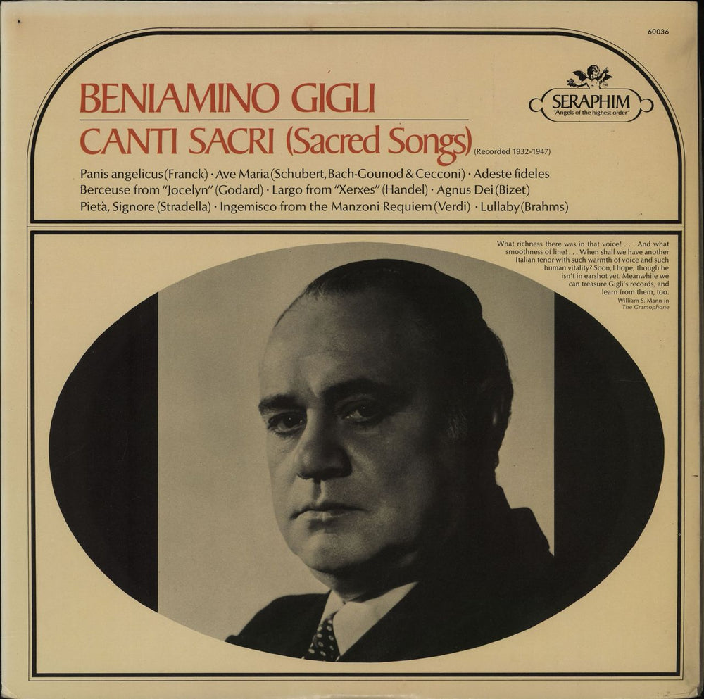 Beniamino Gigli Canti Sacri (Sacred Songs) US vinyl LP album (LP record) M-60036