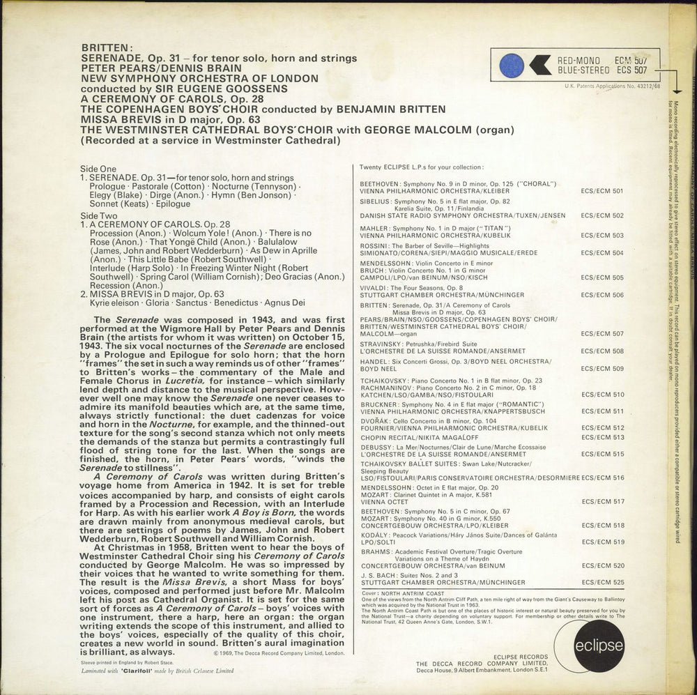 Benjamin Britten Serenade for Tenor, Horn and Strings / A Ceremony Of Carols / Missa Brevis - 1st UK vinyl LP album (LP record)