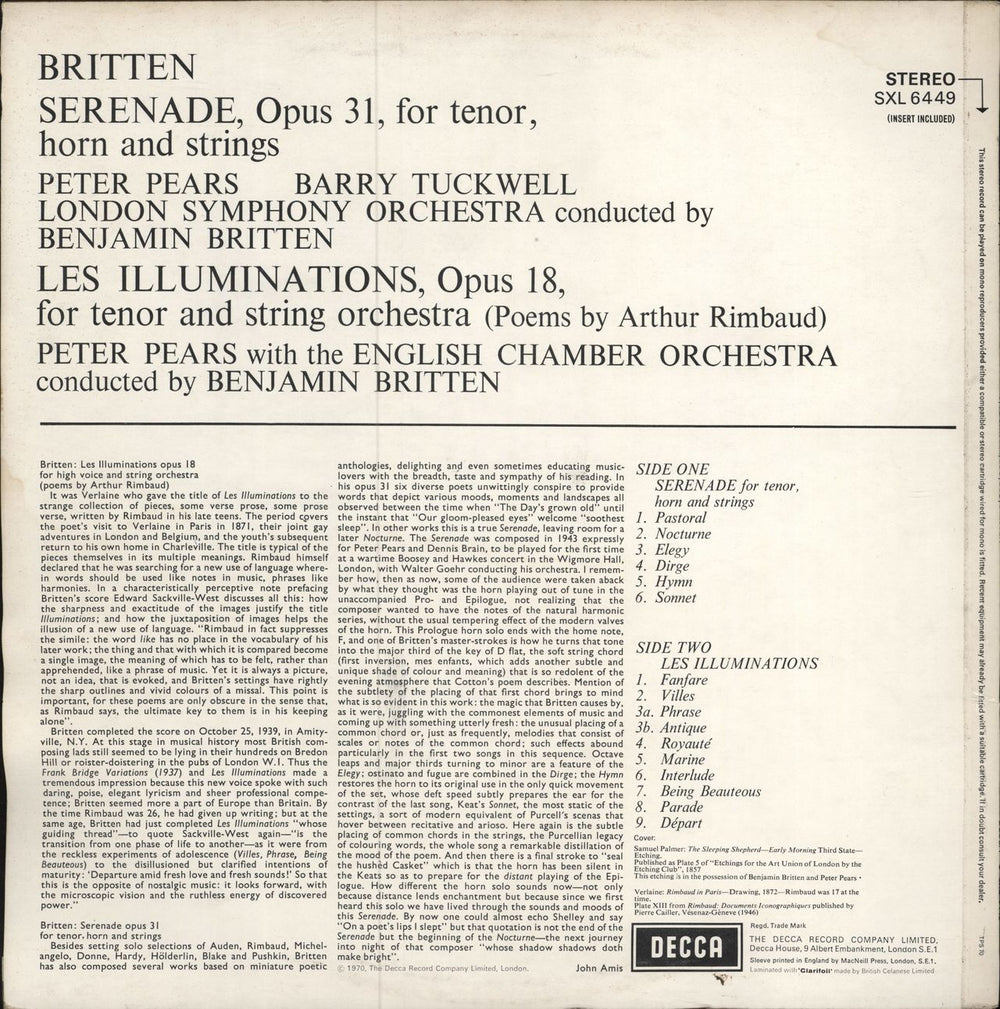 Benjamin Britten Serenade For Tenor, Horn And Strings / Les Illuminations UK vinyl LP album (LP record)
