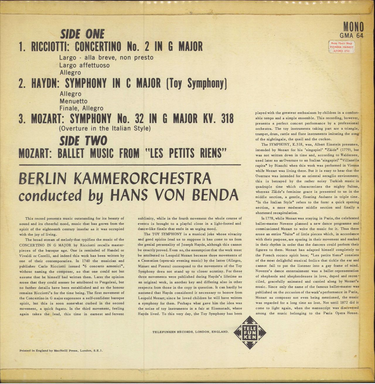 Berlin Kammerorchestra Ricciotti: Concertino No. 2 / Haydn: Toy Symphony / Mozart: Symphony No. 32 & Les Petits Riens UK vinyl LP album (LP record)