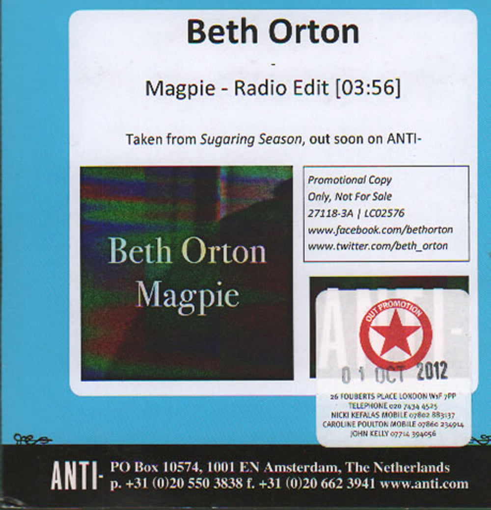 Beth Orton Magpie UK Promo CD single (CD5 / 5") CD-R