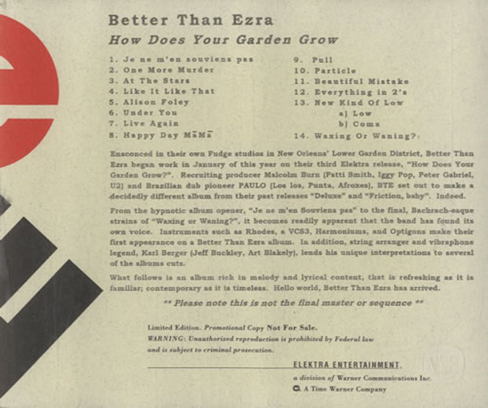 Better Than Ezra How Does Your Garden Grow US Promo CD album (CDLP) 2-62247-P