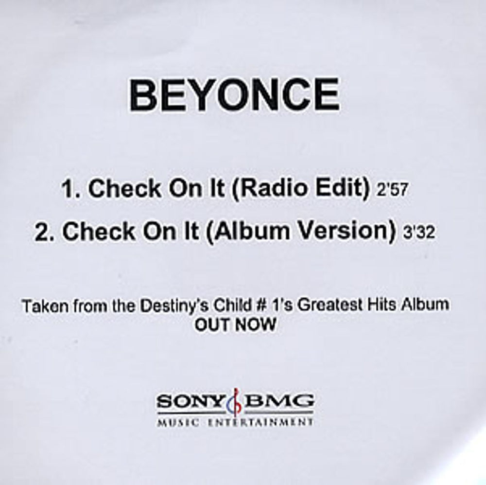 Beyoncé Check On It UK Promo CD-R acetate CD-R ACETATE