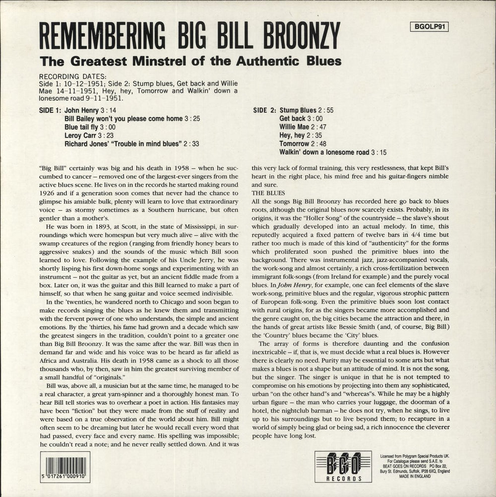 Big Bill Broonzy Remembering Big Bill Broonzy UK vinyl LP album (LP record)