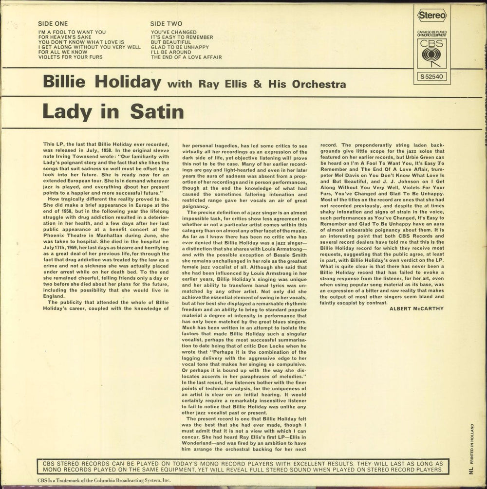 Billie Holiday Lady In Satin - EX Dutch vinyl LP album (LP record)