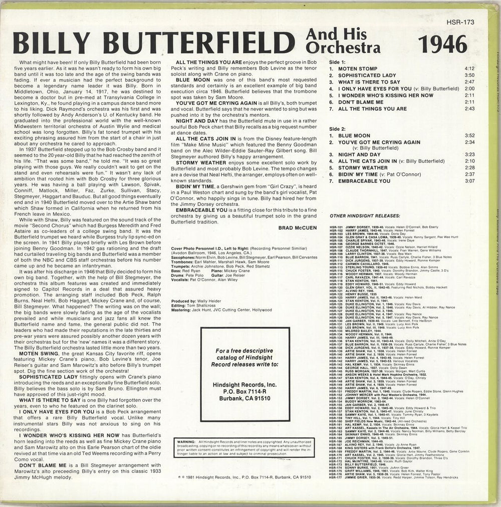 Billy Butterfield The Uncollected 1946 US vinyl LP album (LP record)