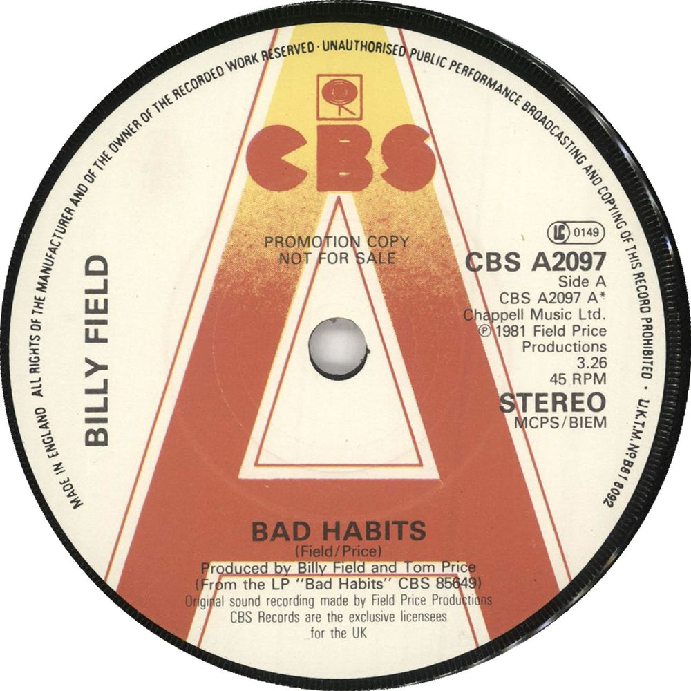 Billy Field Bad Habits - A-label + Sleeve UK Promo 7" vinyl single (7 inch record / 45) 0KL07BA733162