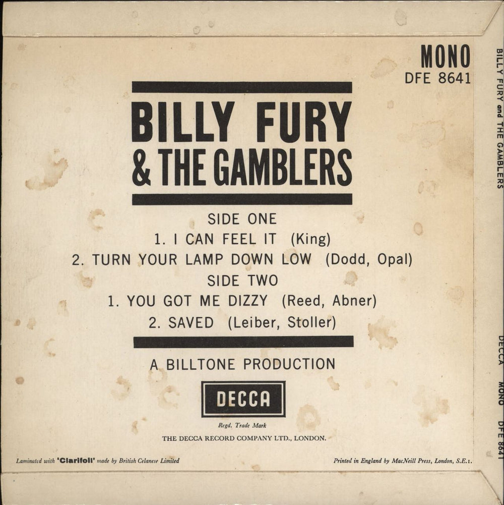 Billy Fury Billy Fury & The Gamblers EP - WOL UK 7" vinyl single (7 inch record / 45)