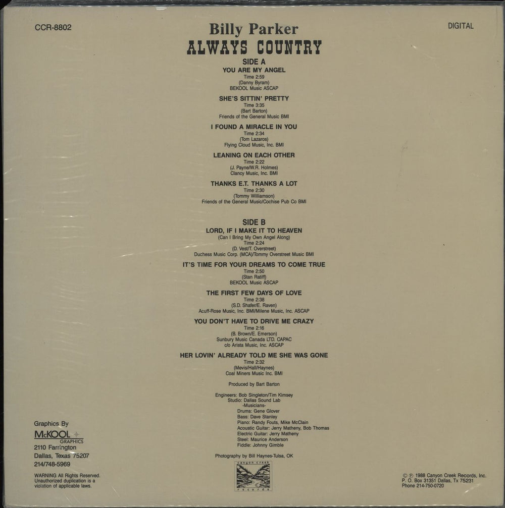 Billy Parker Always Country US vinyl LP album (LP record)