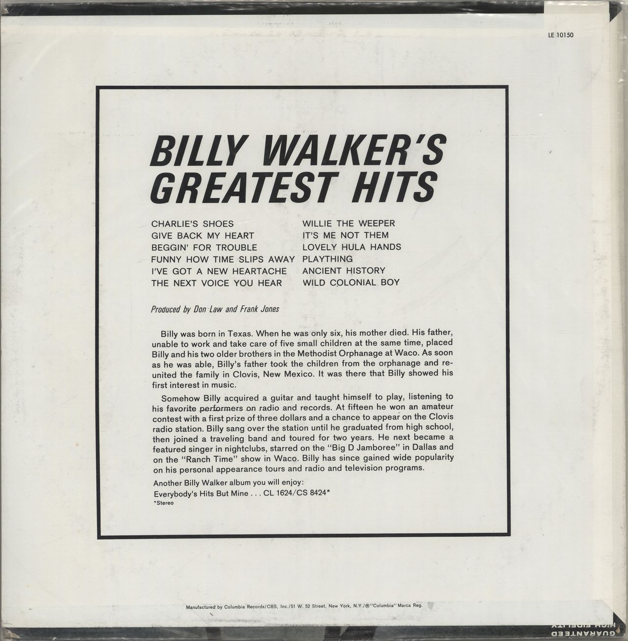 Billy Walker Billy Walker's Greatest Hits US vinyl LP album (LP record)
