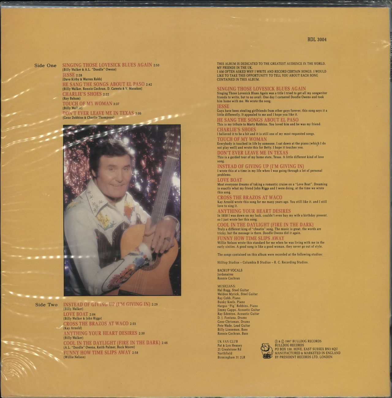 Billy Walker For My Friends UK vinyl LP album (LP record)