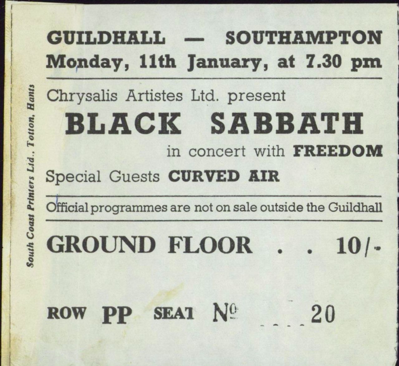 Black Sabbath Guildhall Southampton 1971 UK concert ticket TICKET