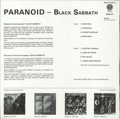 Black Sabbath Paranoid Swiss Vinyl LP — RareVinyl.com