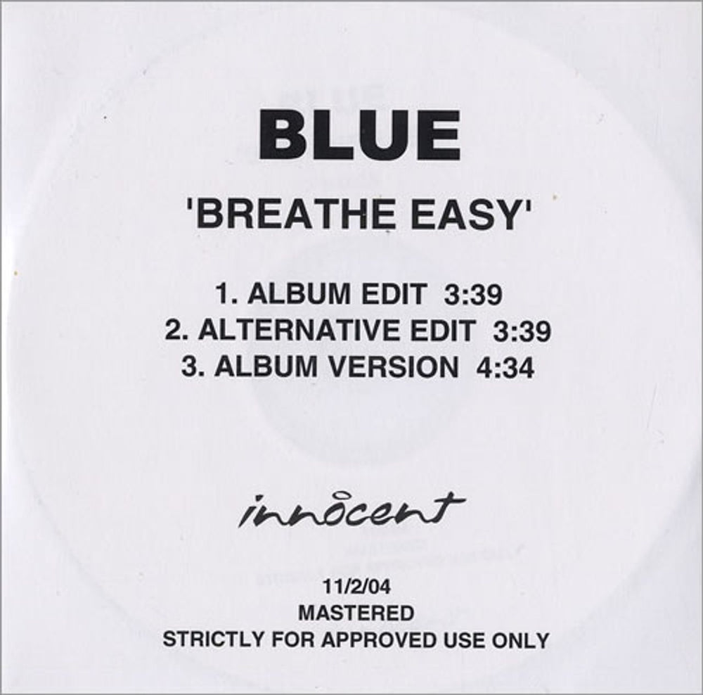 Blue (00s) Breathe Easy UK Promo CD-R acetate CD-R ACETATE