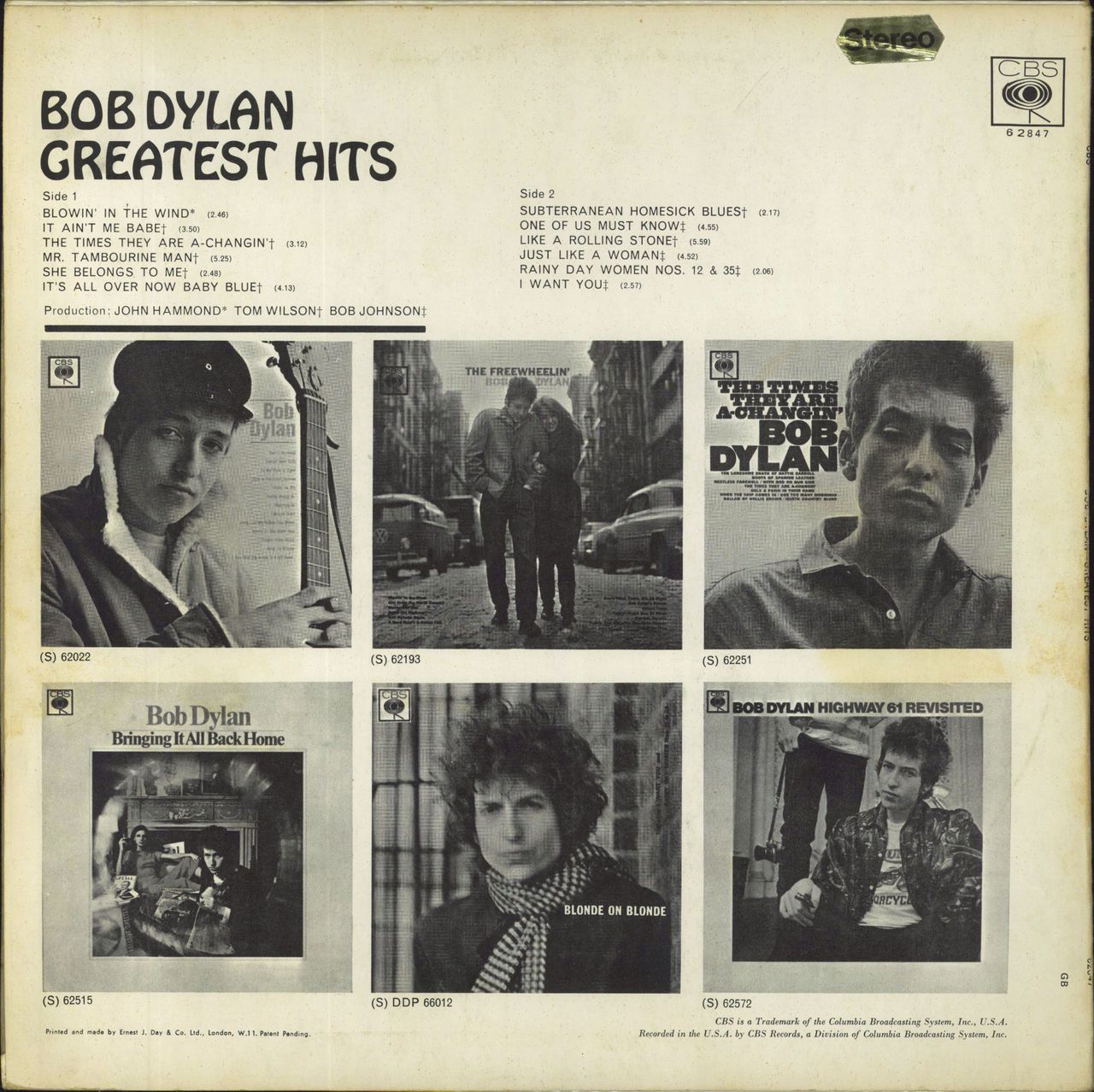 Bob Dylan Greatest Hits - 1st Stereo - E & J Day Sleeve UK Vinyl LP