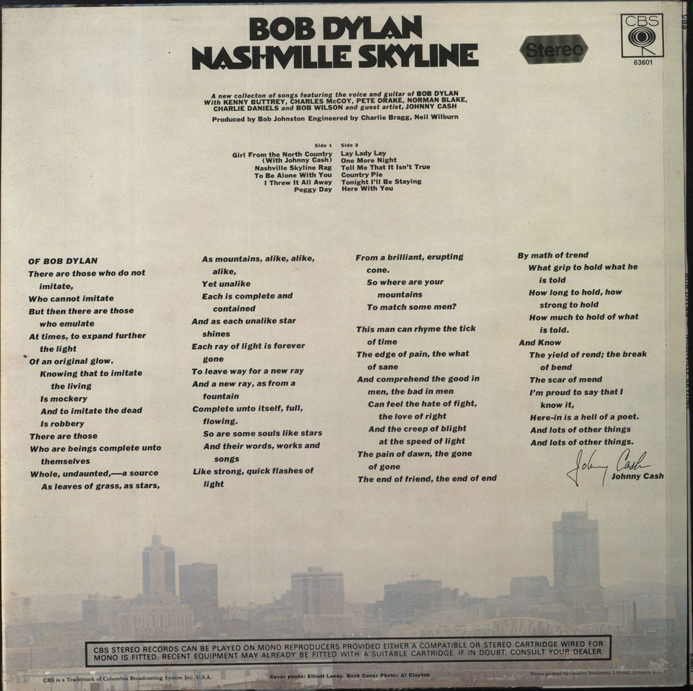 Bob Dylan Nashville Skyline - 1st Stereo - Quality UK vinyl LP album (LP record) DYLLPNA790800