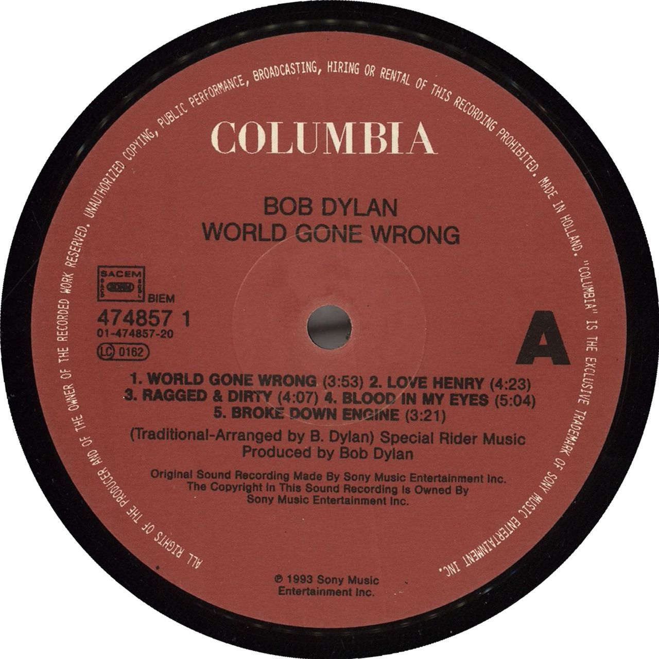 Bob Dylan World Gone Wrong Dutch vinyl LP album (LP record) 5099747485718