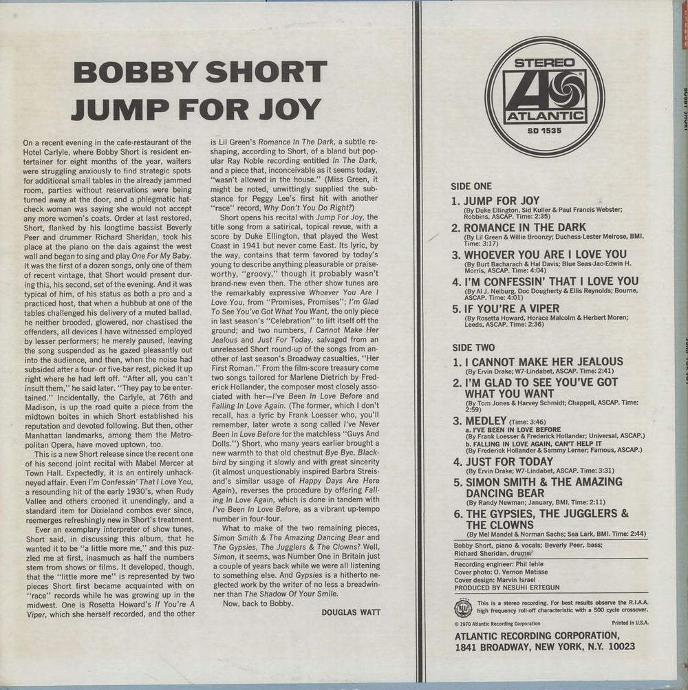 Bobby Short Jump For Joy US vinyl LP album (LP record)