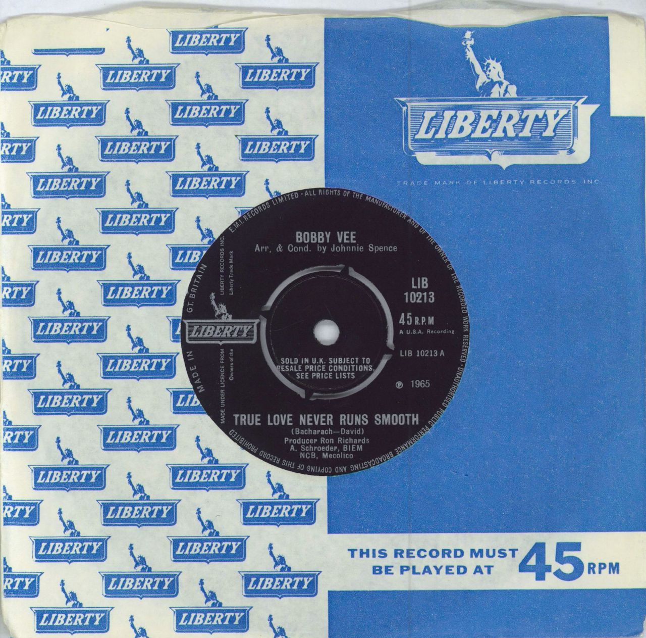 Bobby Vee True Love Never Runs Smooth UK 7" vinyl single (7 inch record / 45) LIB10213