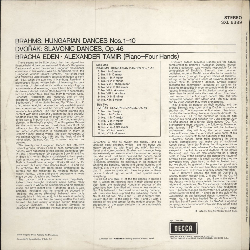 Bracha Eden & Alexander Tamir Brahms: Hungarian Dances Nos. 1-10 / Dvorák: Slavonic Dances, Op. 46 UK vinyl LP album (LP record) QSDLPBR786391