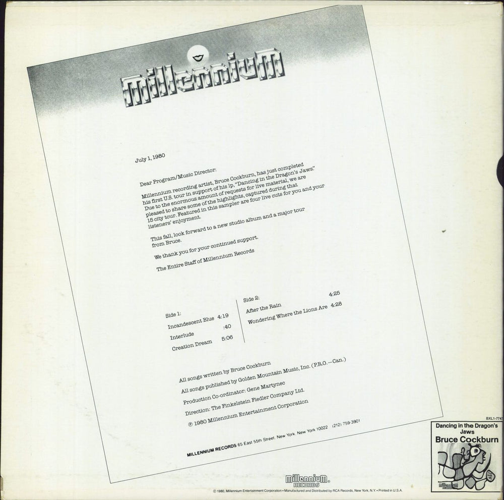 Bruce Cockburn Selected Cuts From U.S. 1980 Tour US Promo 12" vinyl single (12 inch record / Maxi-single)