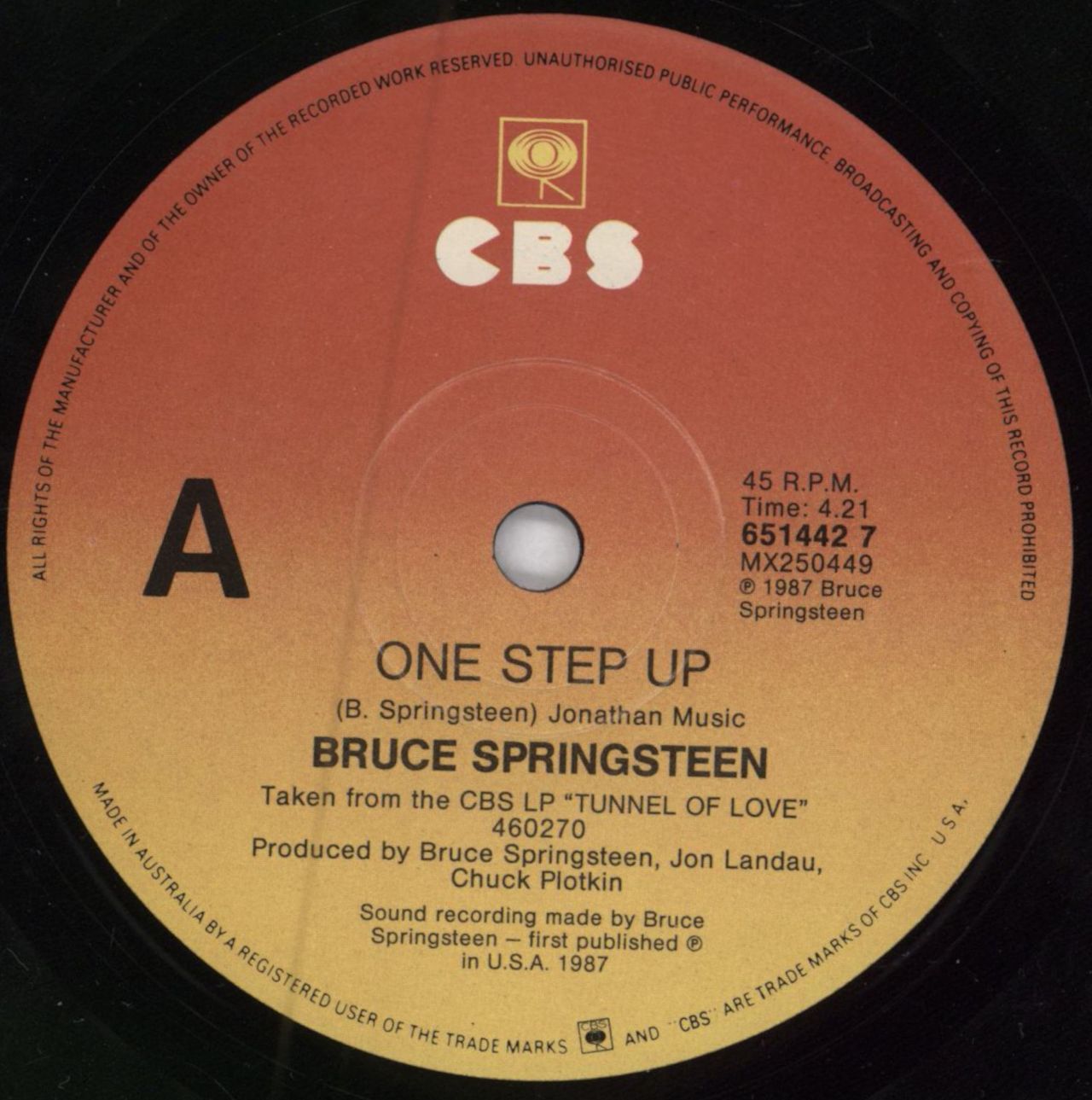 Bruce Springsteen One Step Up - Gold Promo Stamped Sleeve Australian 7" vinyl single (7 inch record / 45) SPR07ON784605