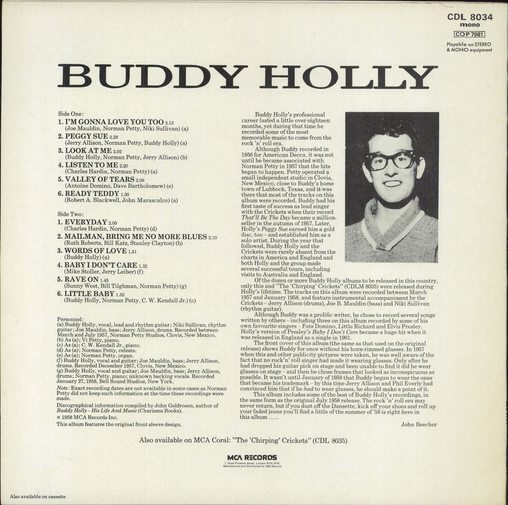 Buddy Holly Buddy Holly UK vinyl LP album (LP record)