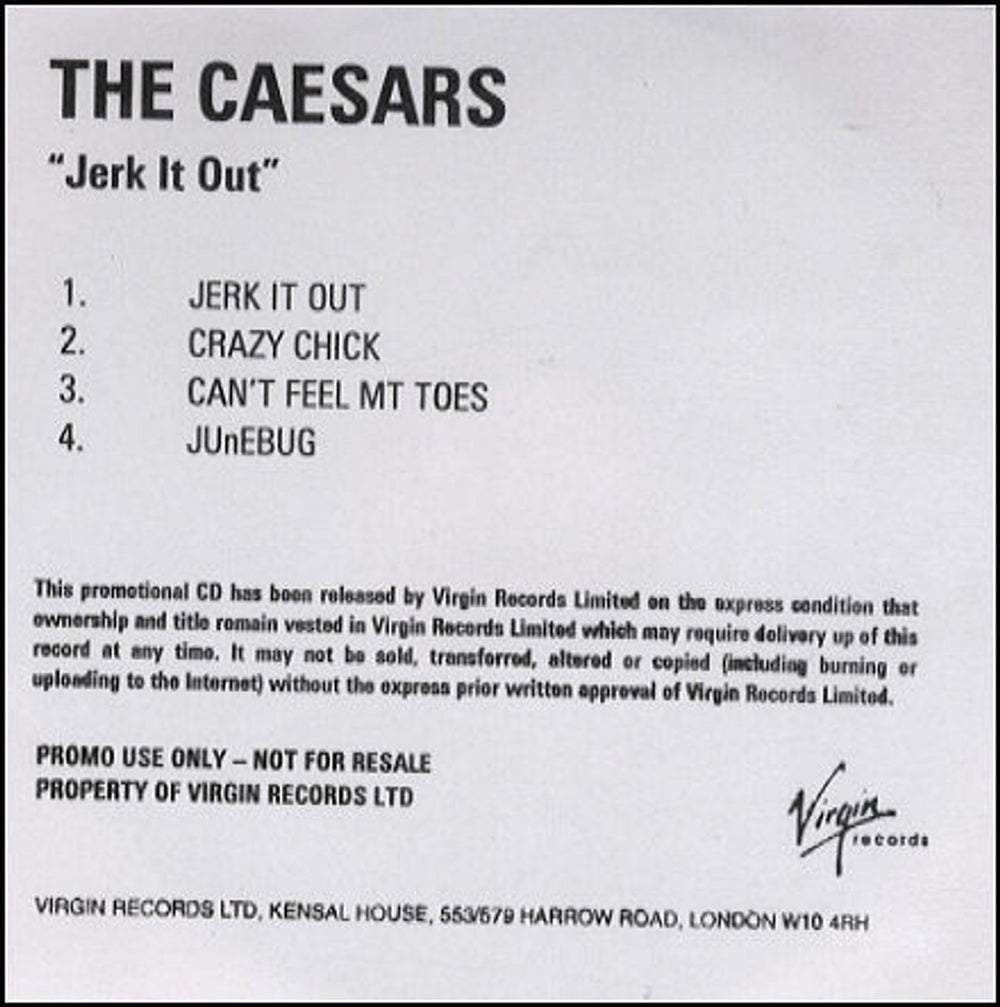 Caesars Jerk It Out - 4 Track UK Promo CD-R acetate CDR ACETATE