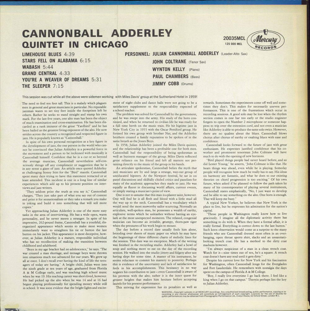 Cannonball Adderley Cannonball Adderley Quintet In Chicago UK vinyl LP album (LP record)