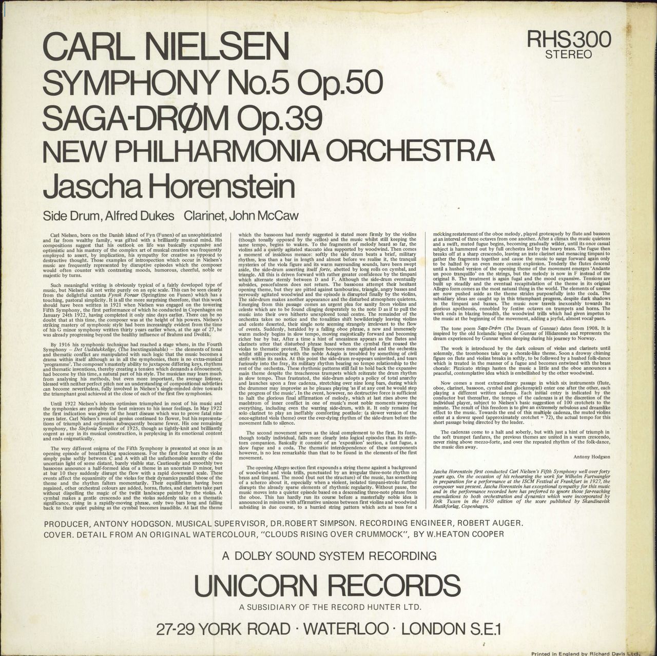 Carl Nielsen Symphony No. 5 Op. 50 / Saga-Drøm Op. 39 UK vinyl LP album (LP record)