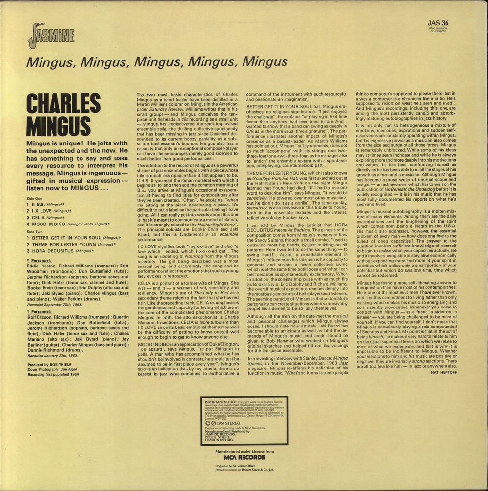 Charles Mingus Mingus, Mingus, Mingus, Mingus, Mingus UK vinyl LP album (LP record)