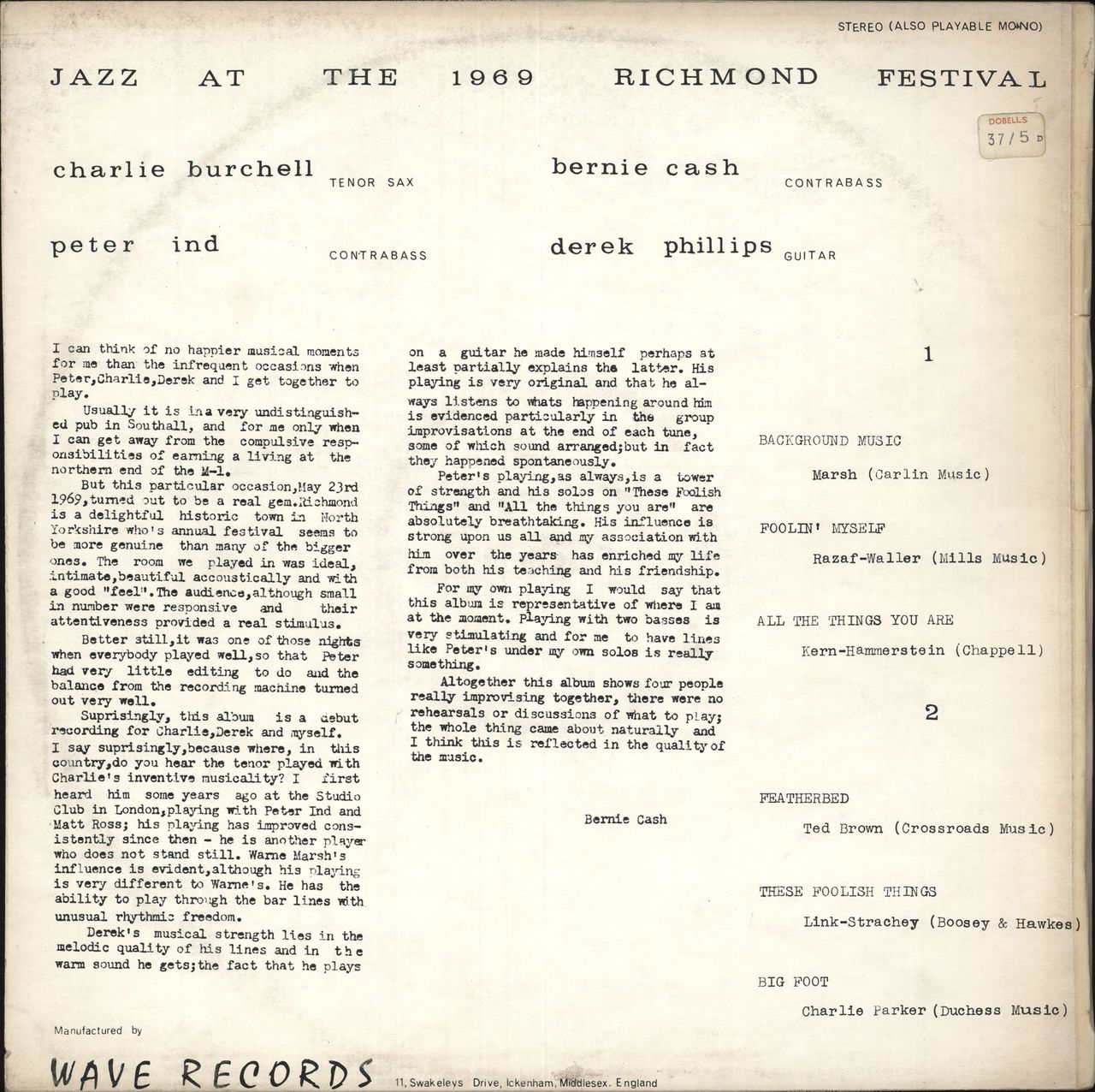 Charlie Burchell Jazz At The 1969 Richmond Festival UK vinyl LP album (LP record)