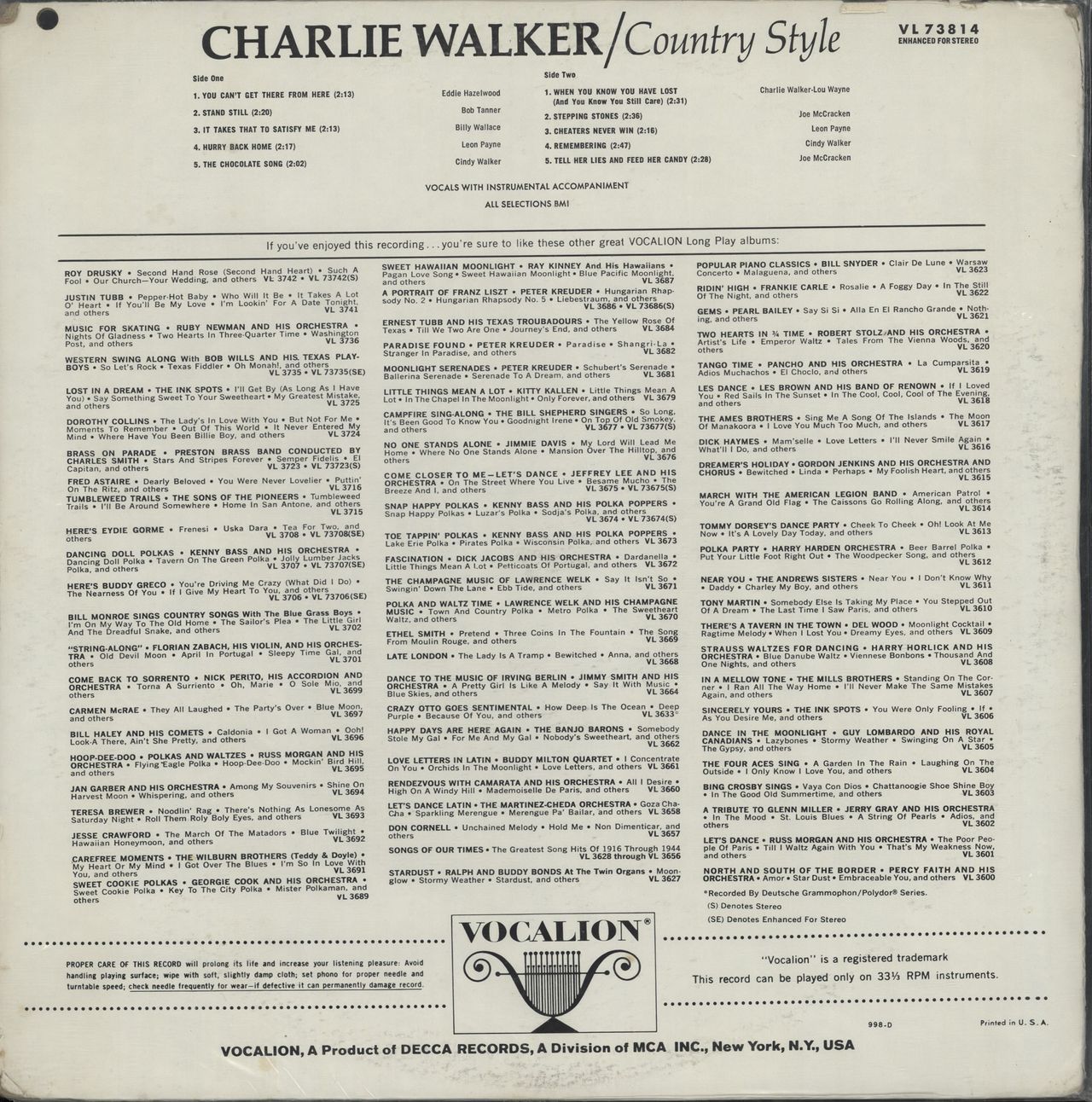 Charlie Walker Country Style US vinyl LP album (LP record)