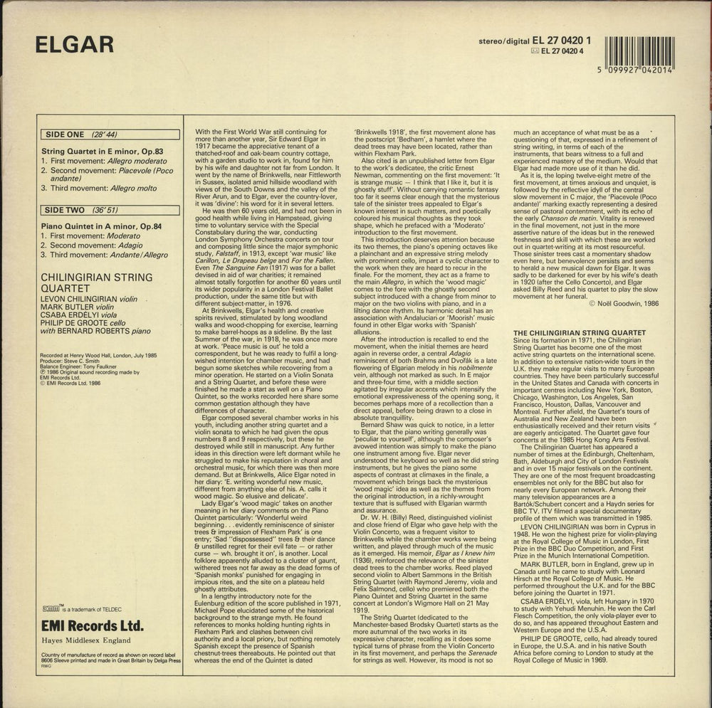 Chilingirian String Quartet Elgar: String Quartet in E Minor / Piano Quintet in A Minor UK vinyl LP album (LP record) 5099927042014