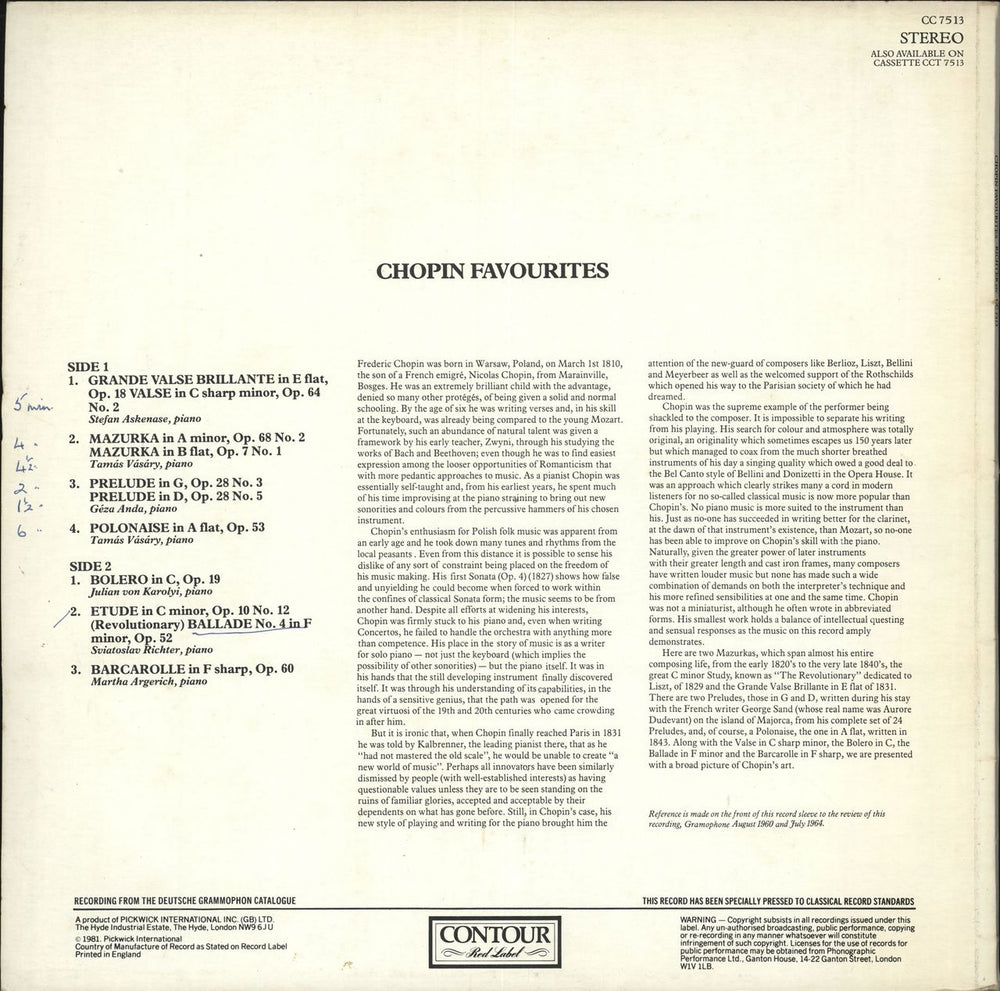 Chopin Chopin Favourites UK vinyl LP album (LP record)