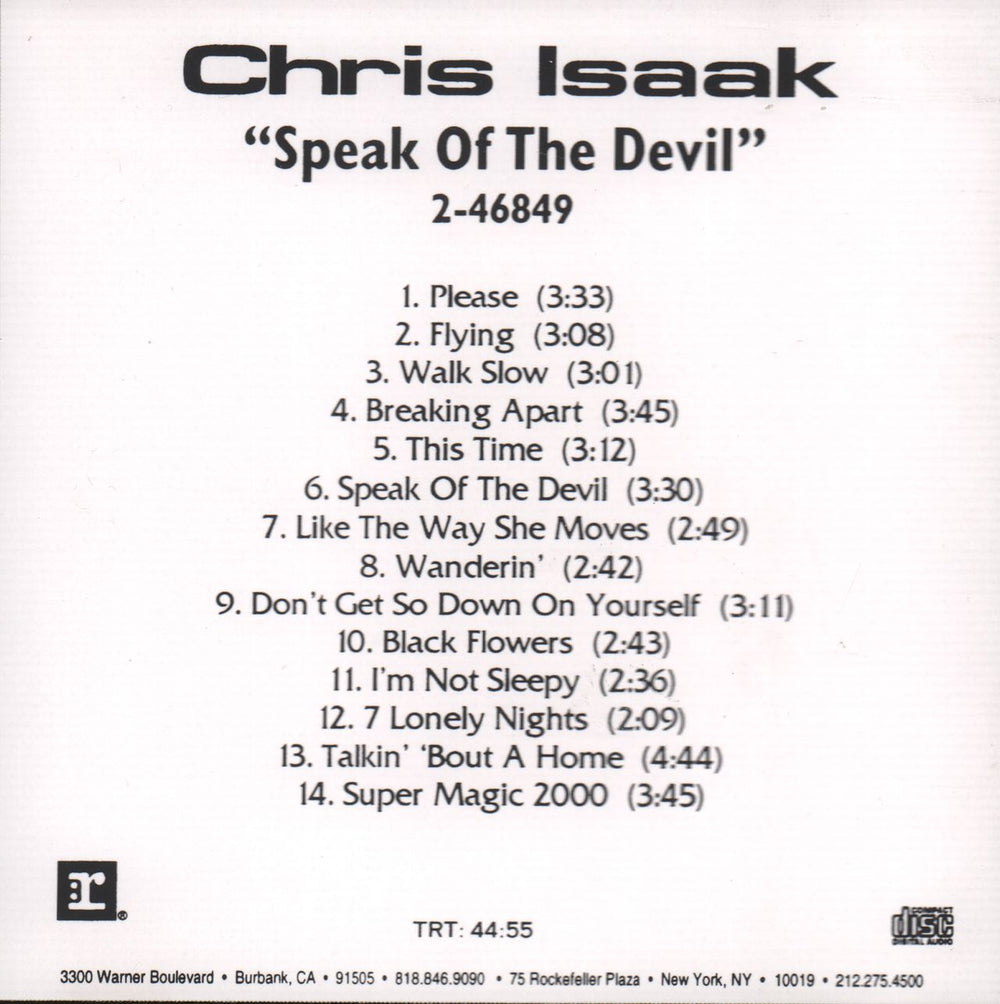 Chris Isaak Speak Of The Devil US Promo CD album (CDLP) 2-46849