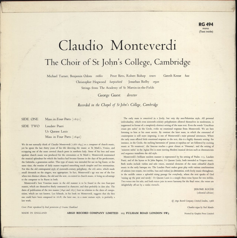 Claudio Monteverdi Monteverdi UK vinyl LP album (LP record)