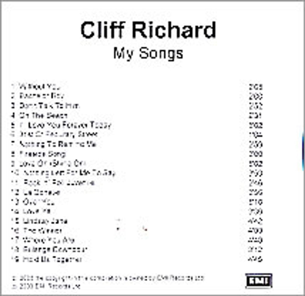 Cliff Richard My Songs UK Promo CD-R acetate CDR ACETATE