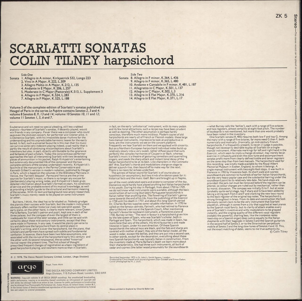 Colin Tilney Scarlatti Sonatas UK vinyl LP album (LP record)