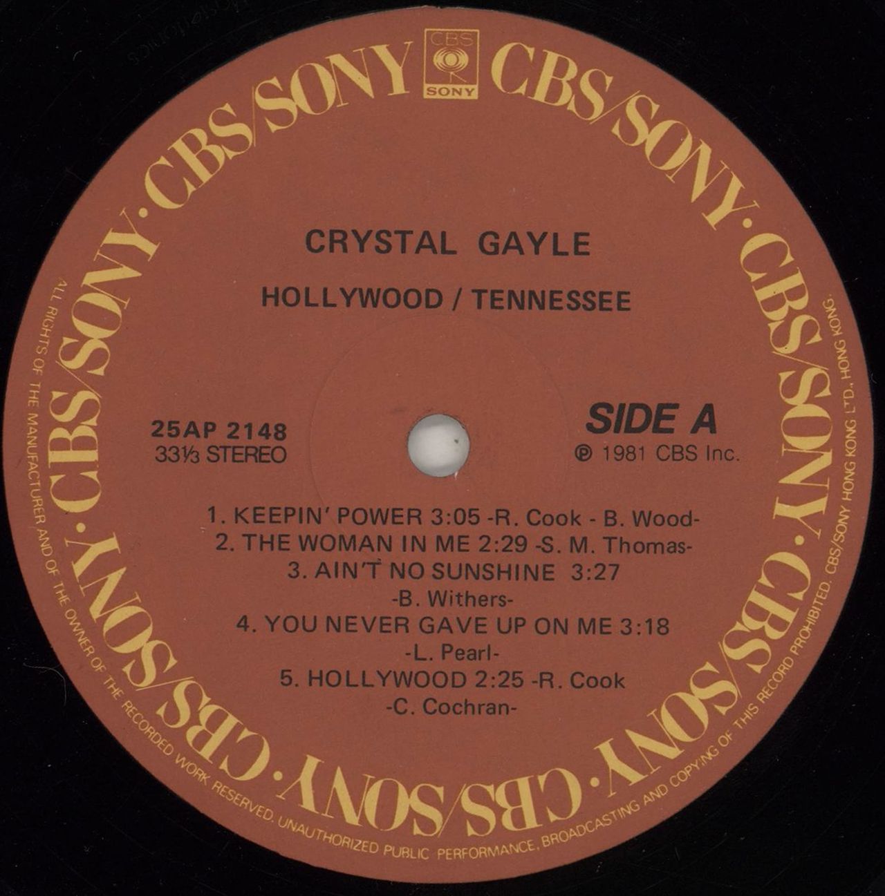 Crystal Gayle Hollywood Tennessee Hong Kong Vinyl LP