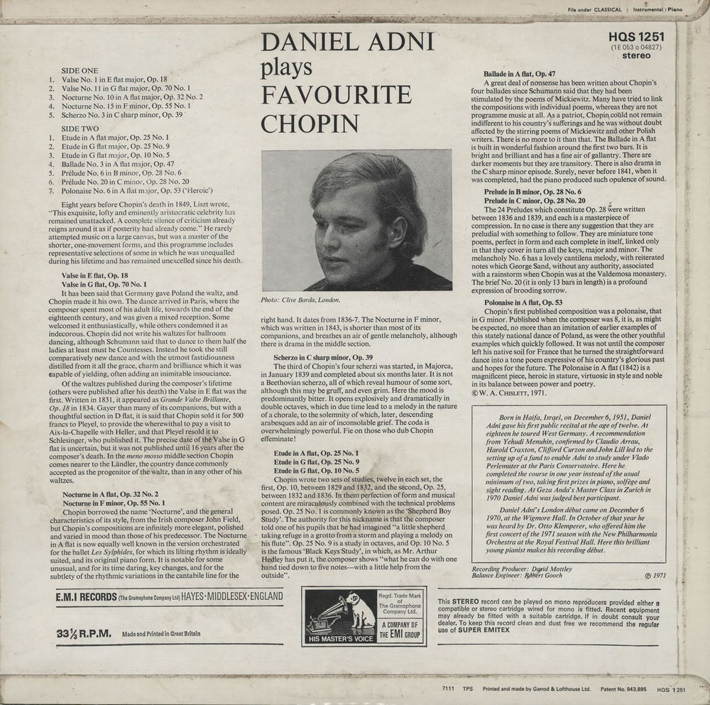 Daniel Adni Daniel Adni Plays Favourite Chopin UK vinyl LP album (LP record)
