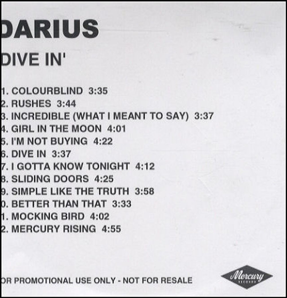 Darius Dive In UK Promo CD-R acetate CD ACETATE