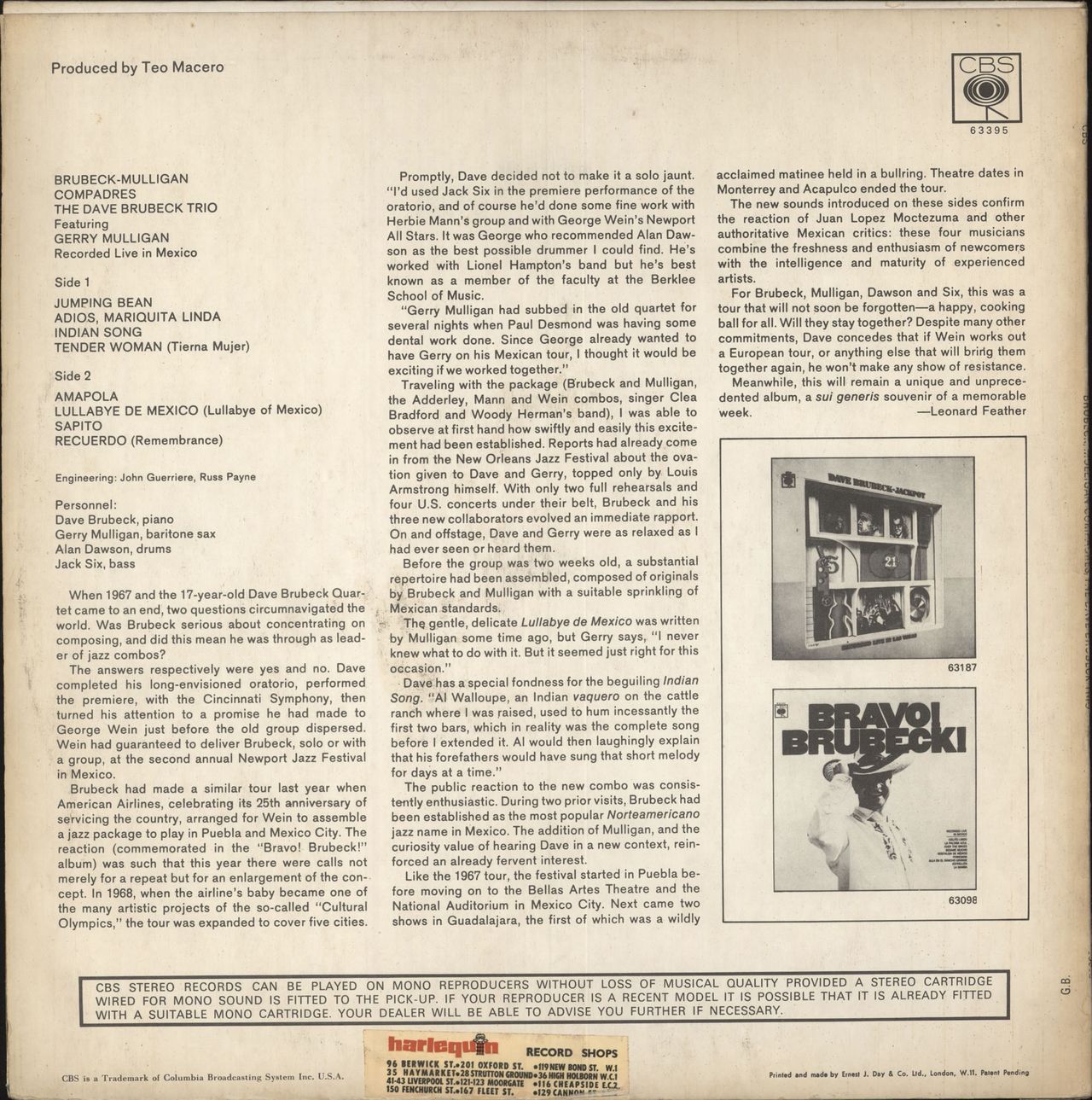Dave Brubeck Compadres - Recorded Live In Mexico UK vinyl LP album (LP record)