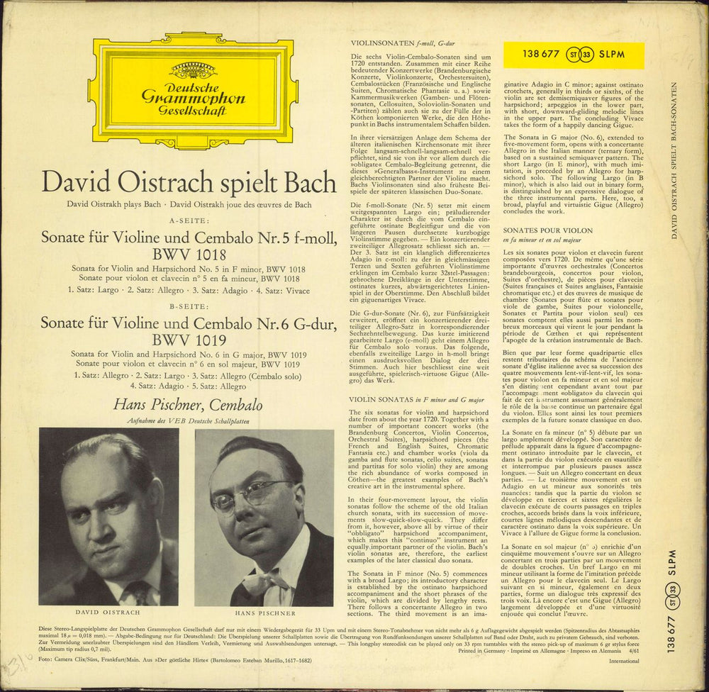 David Oïstrakh David Oïstrakh Spielt Bach-Sonaten German vinyl LP album (LP record) DWVLPDA783700