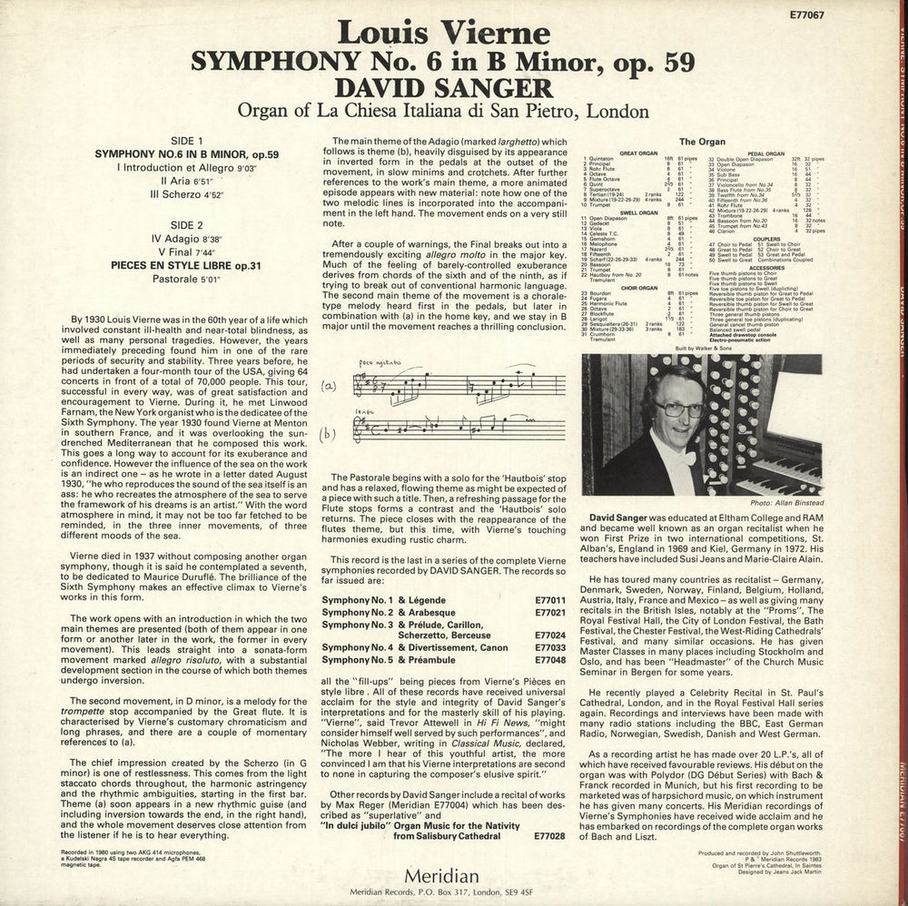 David Sanger Louis Vierne: Symphony No. 6 in B Minor, Op.59 UK vinyl LP album (LP record)